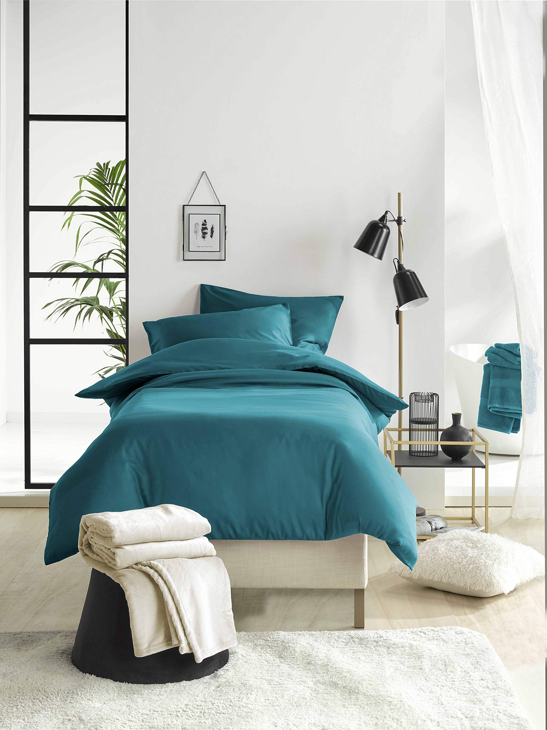 De Witte Lietaer Olivia Quality Satin Combed Cotton Duvet Cover Set, Duck Egg Green/Lake Green, 140 x 200 cm + 1 Pillowcase