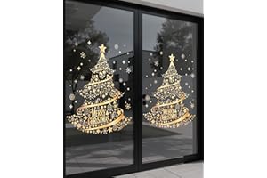 Christmas Tree Window Clings for Glass, 19.69 * 15.75 Inch Large Golden Snowflake & Tree Decals, Removable Sticker for Glass 