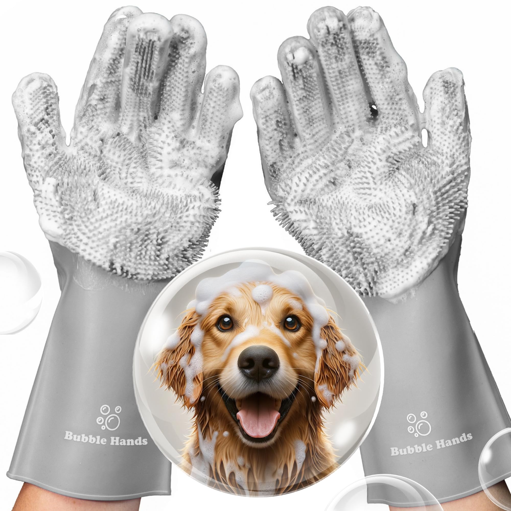 Bubble Hands Dog Washing Gloves with Bristle Scrubbers, Reusable Silicone Gloves Ideal for Pet Bathing, Massaging & Grooming (Gray)
