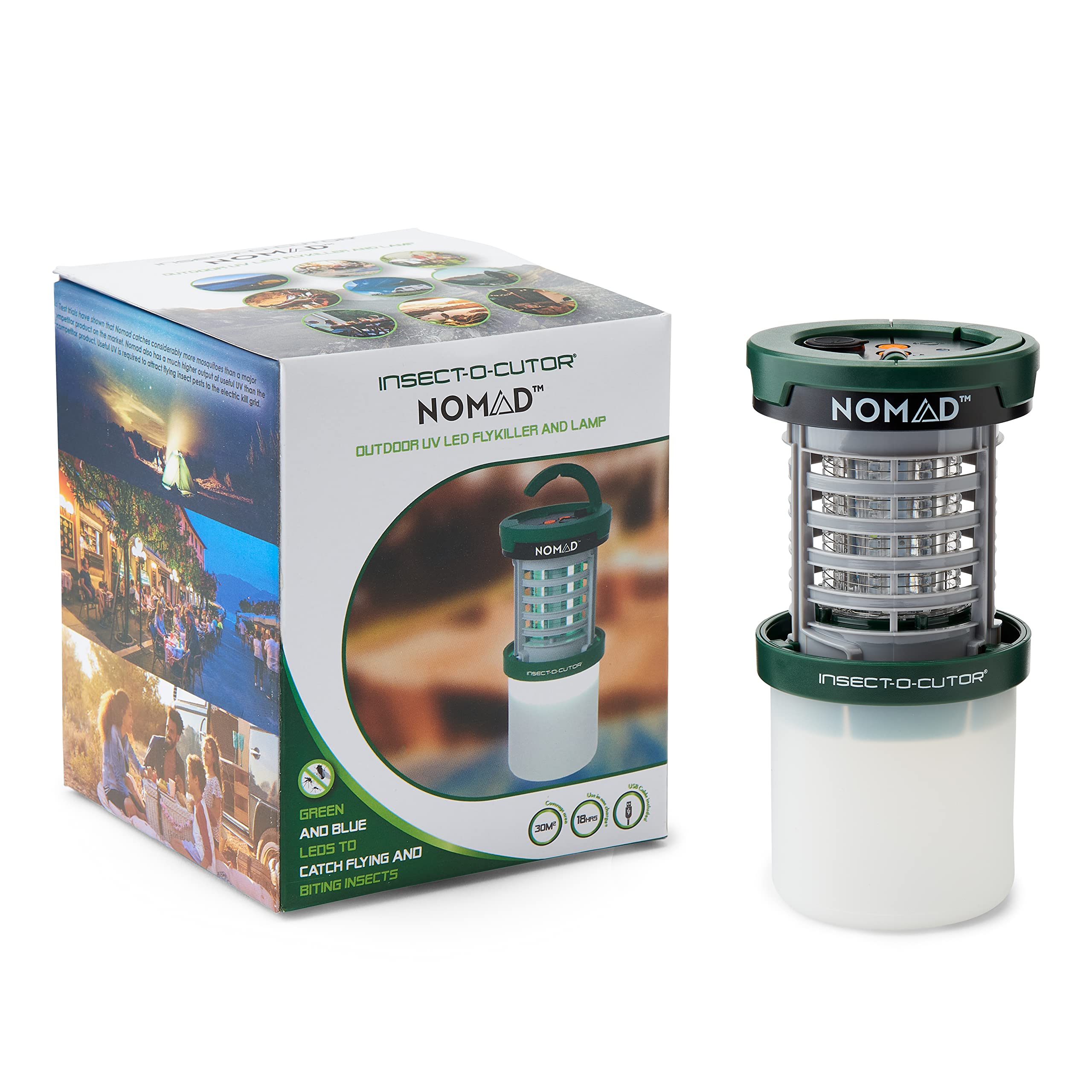 INSECT-O-CUTOR Nomad UV LED Outdoor Flykiller – Dual Lime & Blue LEDs – USB Rechargeable, Up to 18h Runtime – Electric Grid for Mosquitoes & Insects – For Camping, Gardens, Patios