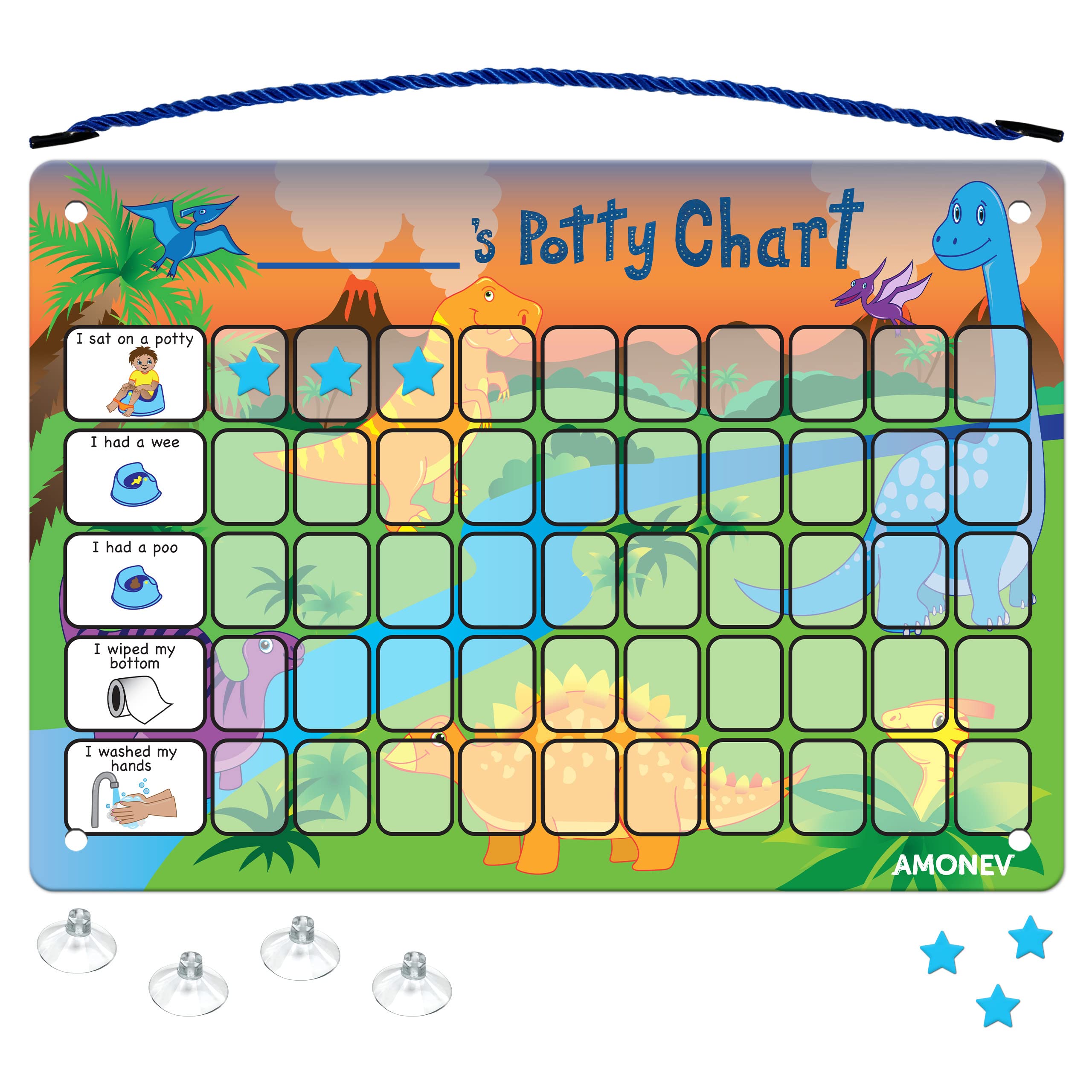 Amonev Children's Dinosaur Magnetic Potty Training Reward Chart. Magnetic Sticker Chart. Reusable Wall Chart for Toilet Training. Suction Cups for Tiles or Glass