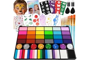 Face Painting Kit for Kids, 52 Colors Professional Face Paint Makeup Kit Non-Toxic Water Activated Facepaint Palette, glitter