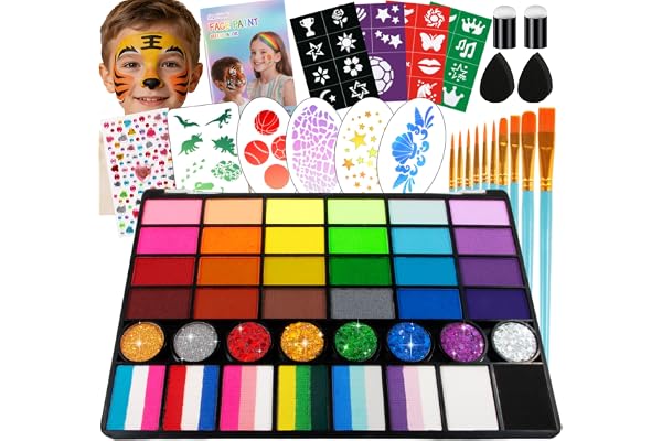 Face Painting Kit for Kids, 52 Colors Professional Face Paint Makeup Kit Non-Toxic Water Activated Facepaint Palette, glitter