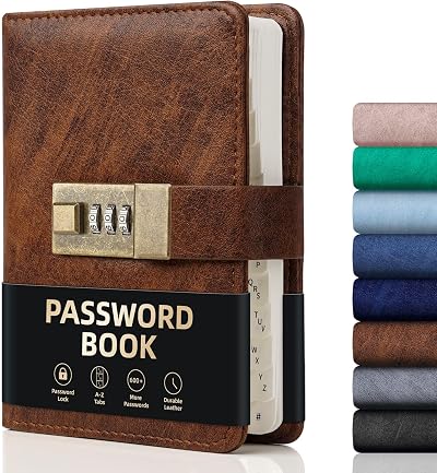 WEMATE Password Book with Lock 600+ Spaces Alphabetical Tabs Brown 4.33 x 6.18