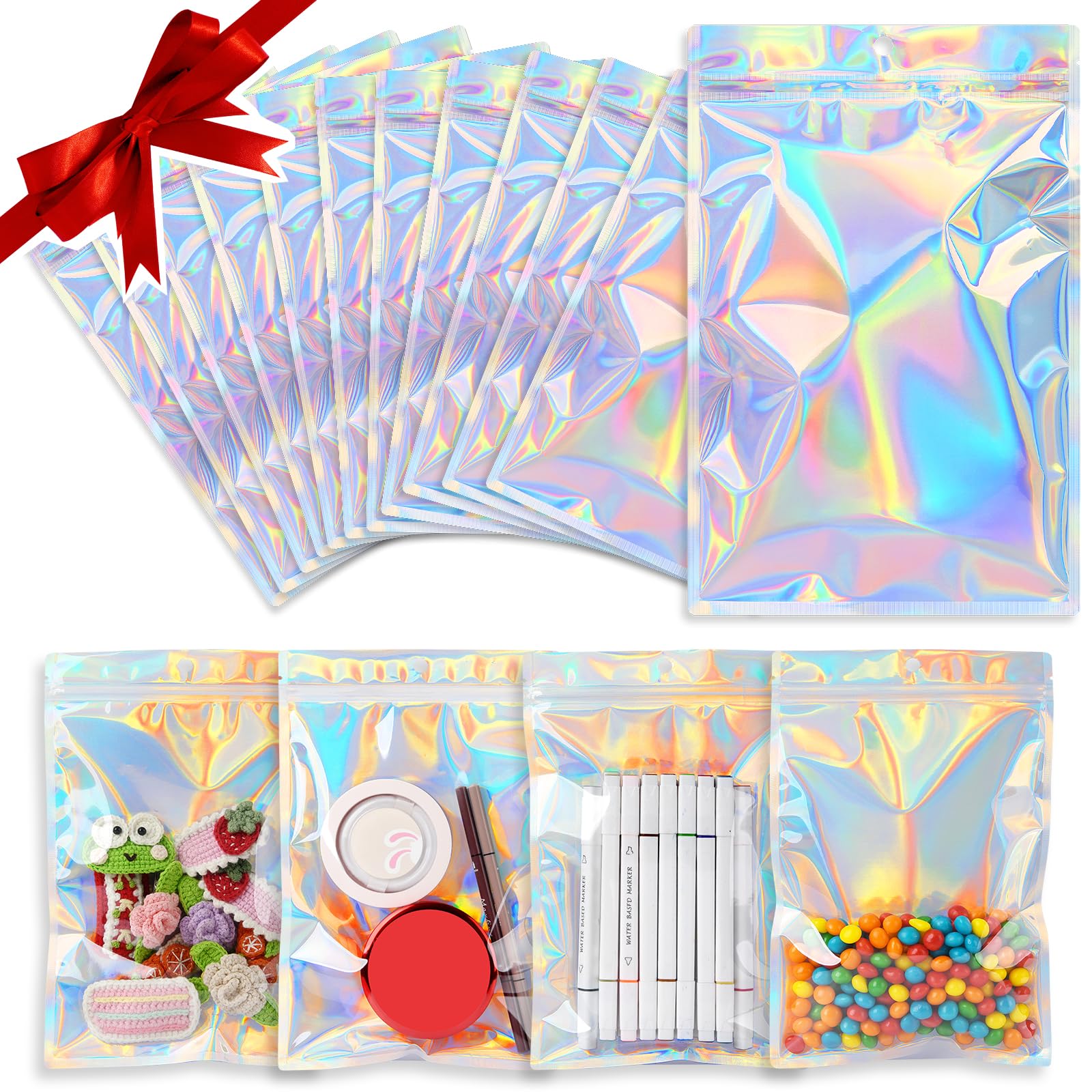 Photo 1 of 50 Pack 6x9 Inch Holographic Resealable Mylar Bags, Smell Proof Foil Pouches for Food Storage, Jewelry, Cosmetics, Party Favor, Small Business Packaging – Durable Odor-Proof and Ziplock Design