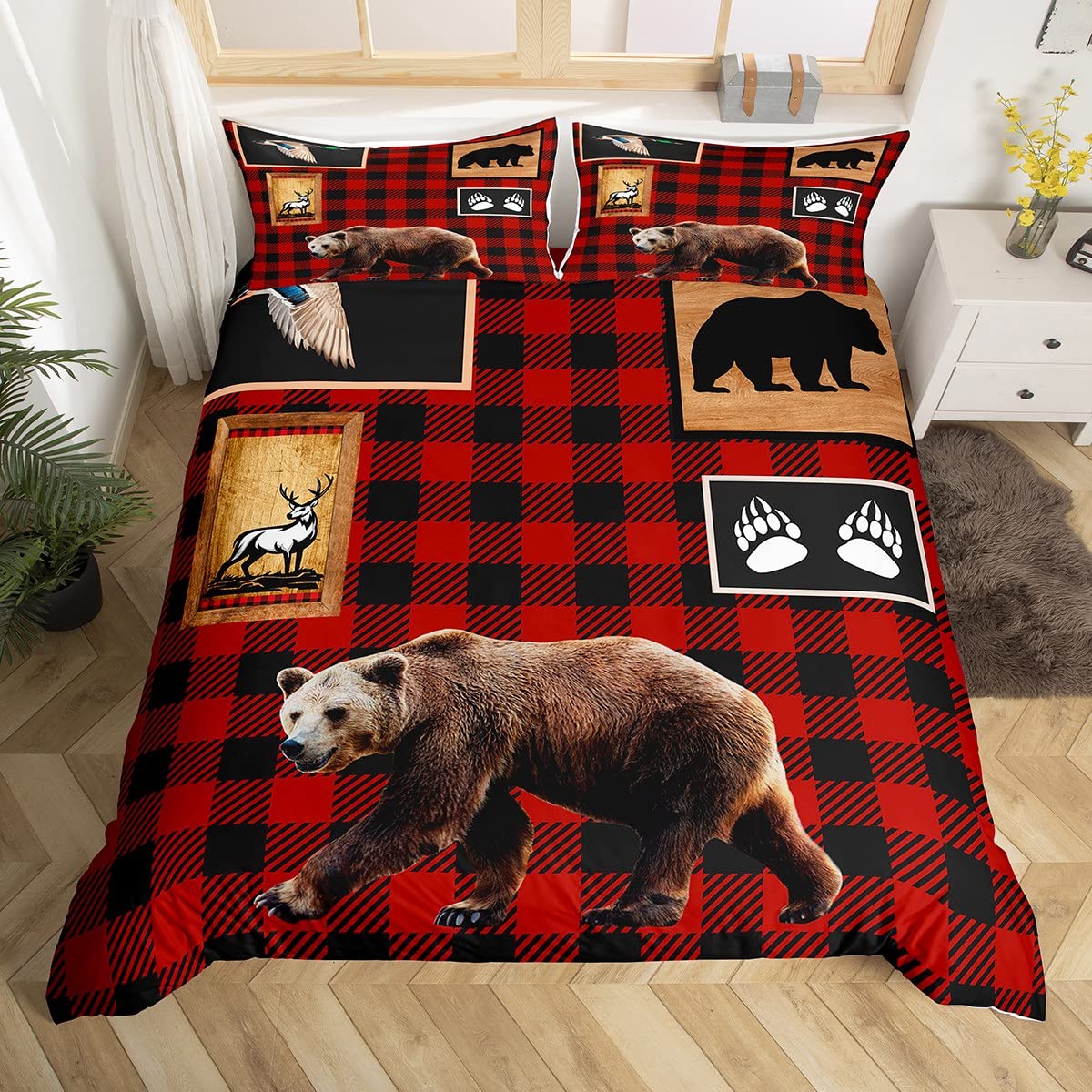 Manfei Red Plaid Duvet Cover Set King Size, Wild Goose Bear Deer Comforter Cover with 2 Pillowcases, Animal Hunting Theme Bedding Set 3pcs for Kids Boys Teens Bedroom Decor Wildlife Bedspread Cover — image 1