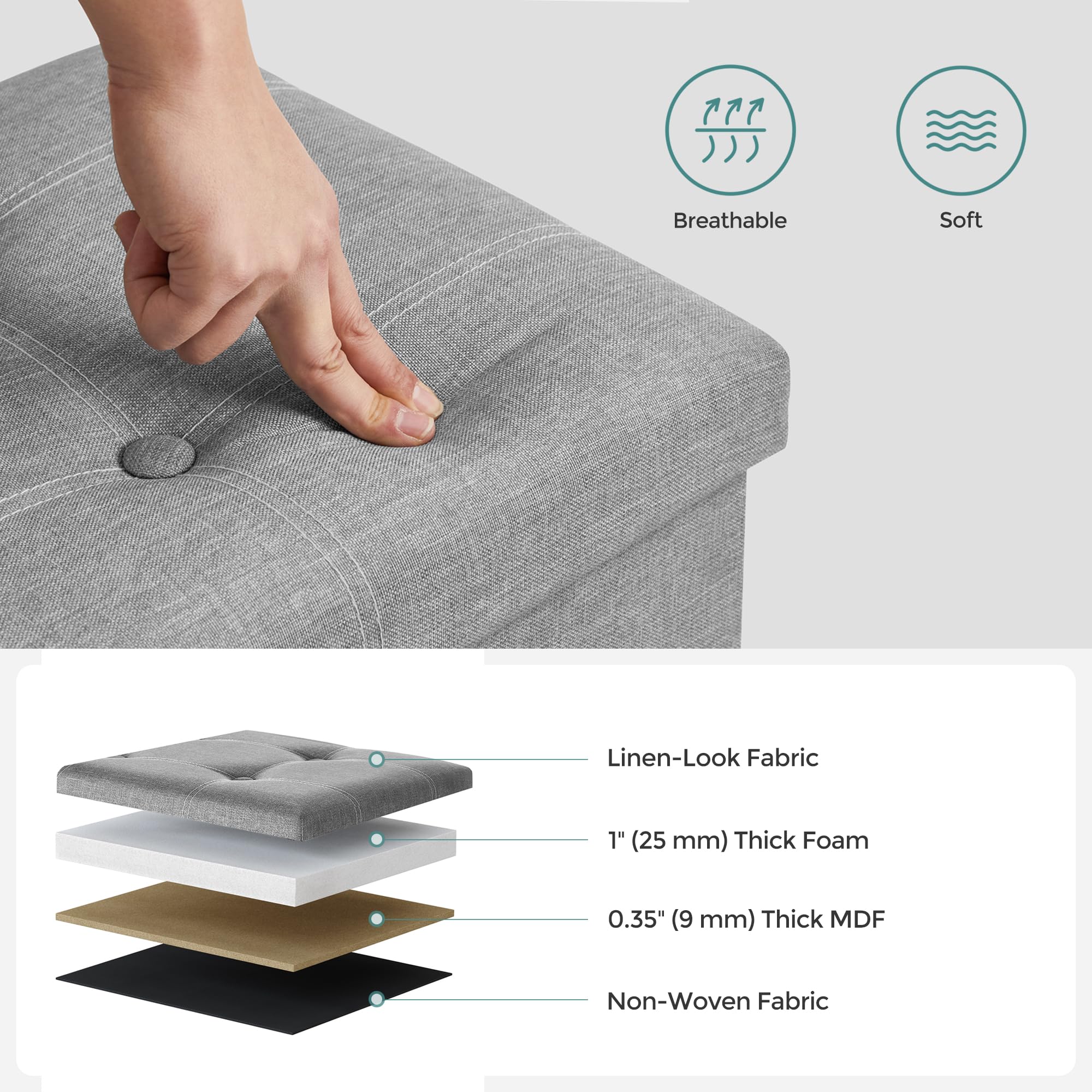 SONGMICS Mazie Collection - 43 Inches Ottoman Storage Bench, 35 Gal. Folding Chest with Breathable Linen-Look Fabric, Load up to 660 lb, for Entryway, Living Room, Bedroom, Light Gray ULSF077G05 - Image 6