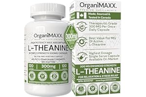 300mg L Theanine Capsules OrganiMAXX. Highest Potency Single Capsule L-Theanine Supplement. 120 Count L'theanine For Anxiety 