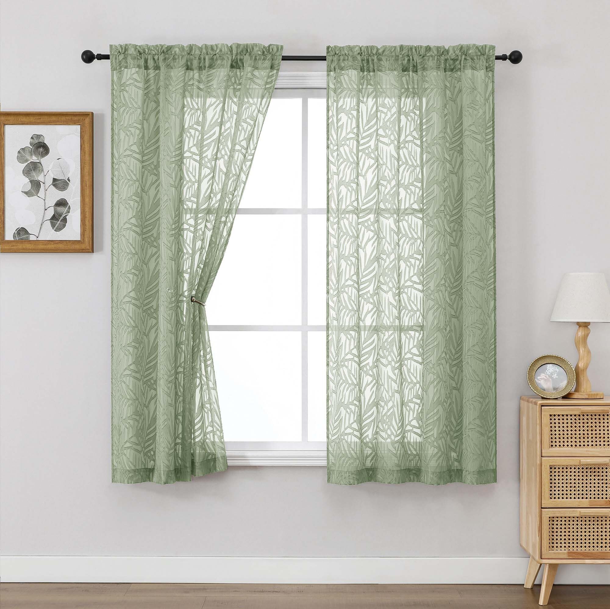 OVZME Sage Green Sheer Curtains 63 Inch Length 2 Panel, Light Filtering Bedroom Curtains with Dual Rod Pocket, Leaf Clip Jacquard Sheer Farmhouse Window Drapes for Living Room, 2x42Wx63L Inches