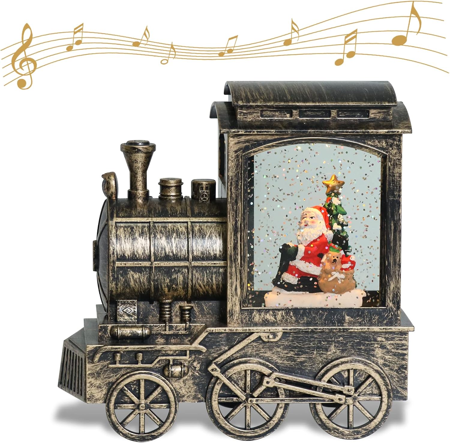 Snow Globes - Wondise Lighted Christmas Snow Globes Musical Lantern with Timer, Battery Operated and USB Powered Spinning Water and Swirling Glitter Train Shape Holiday Decoration