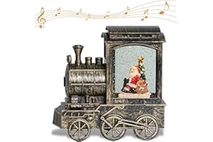 Wondise Lighted Christmas Snow Globes Musical Lantern with Timer, Battery Operated and USB Powered Spinning Water and Swirling Glitter Train Shape Holiday Decoration
