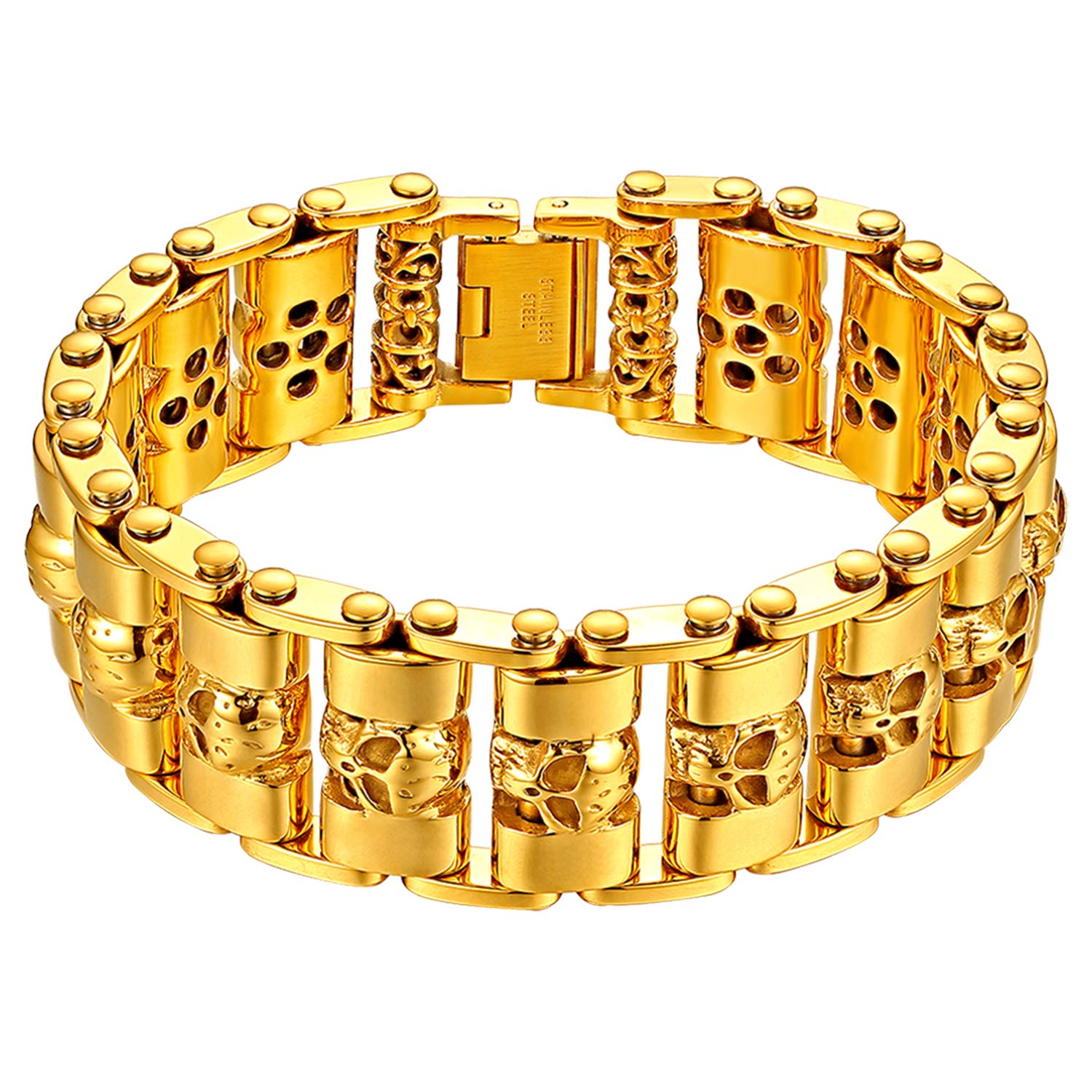 Cupimatch Mens Stainless Steel Wide Gothic Biker Skull Link Bracelet, 8.9" Black (Gold)