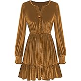 ZAFUL Womens Long Sleeve Velvet Dress 2025 Fall V Neck Holiday Cocktail Party Semi Formal Mini Dresses for Wedding Guest, Gold, Large