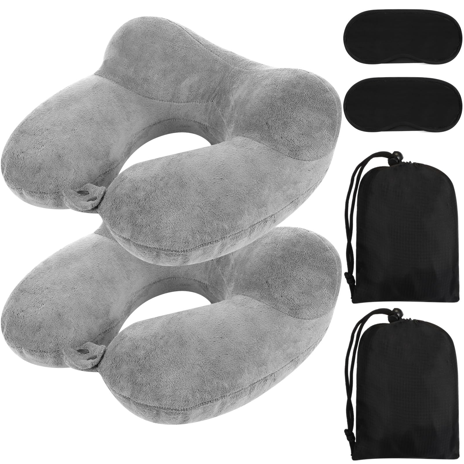 Sintuff 2 Pack Inflatable Travel Pillow for Airplanes Inflatable Neck Flight Pillows with Compact Bag and Blindfold for Traveling, Airplane, Train, Car, Office(Gray)
