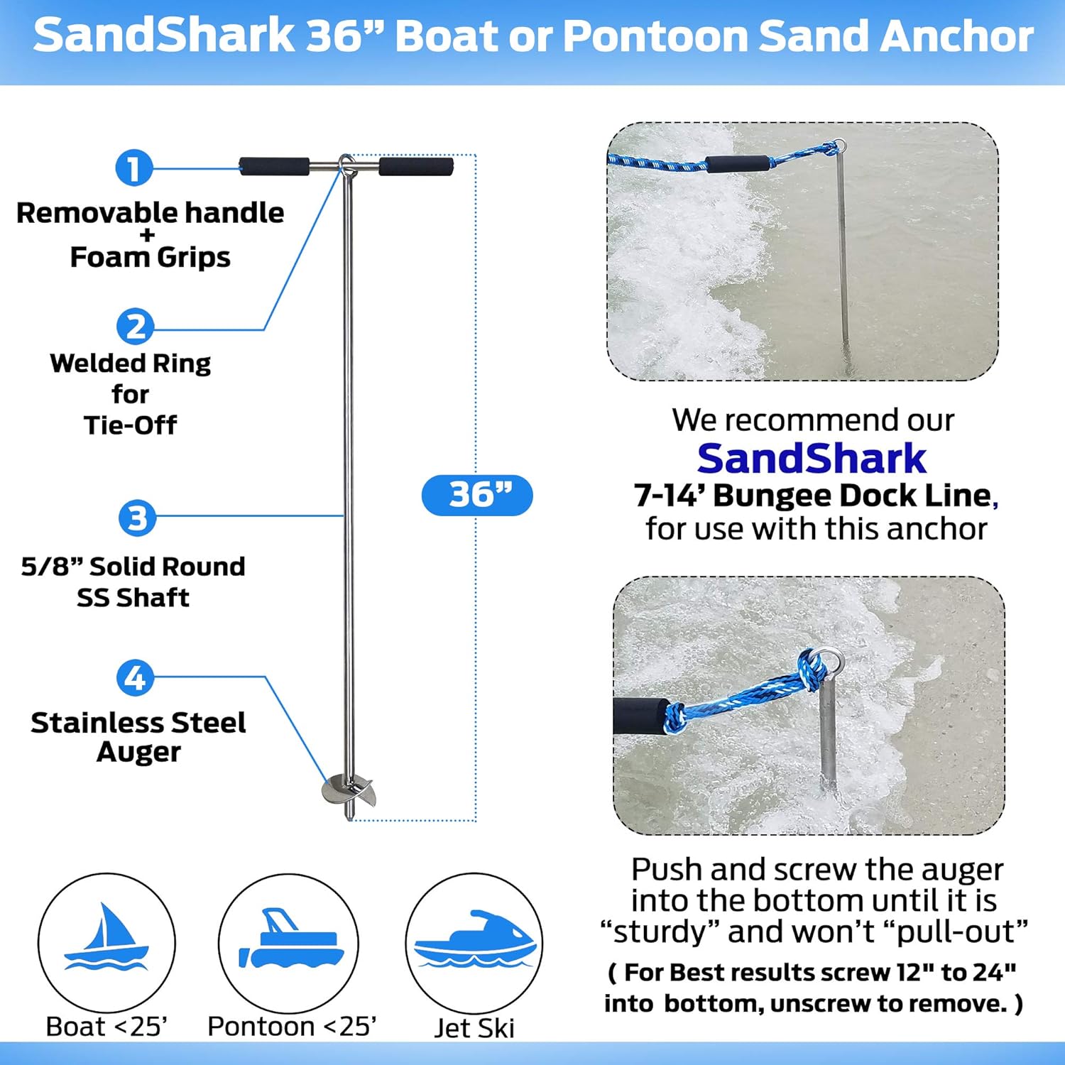 Lite 36 SandShark Boat or Pontoon Sand Anchor for The Beach or Sandbar. Stainless Steel with Removable Handle 36”. (Lite 36) : Sports & Outdoors