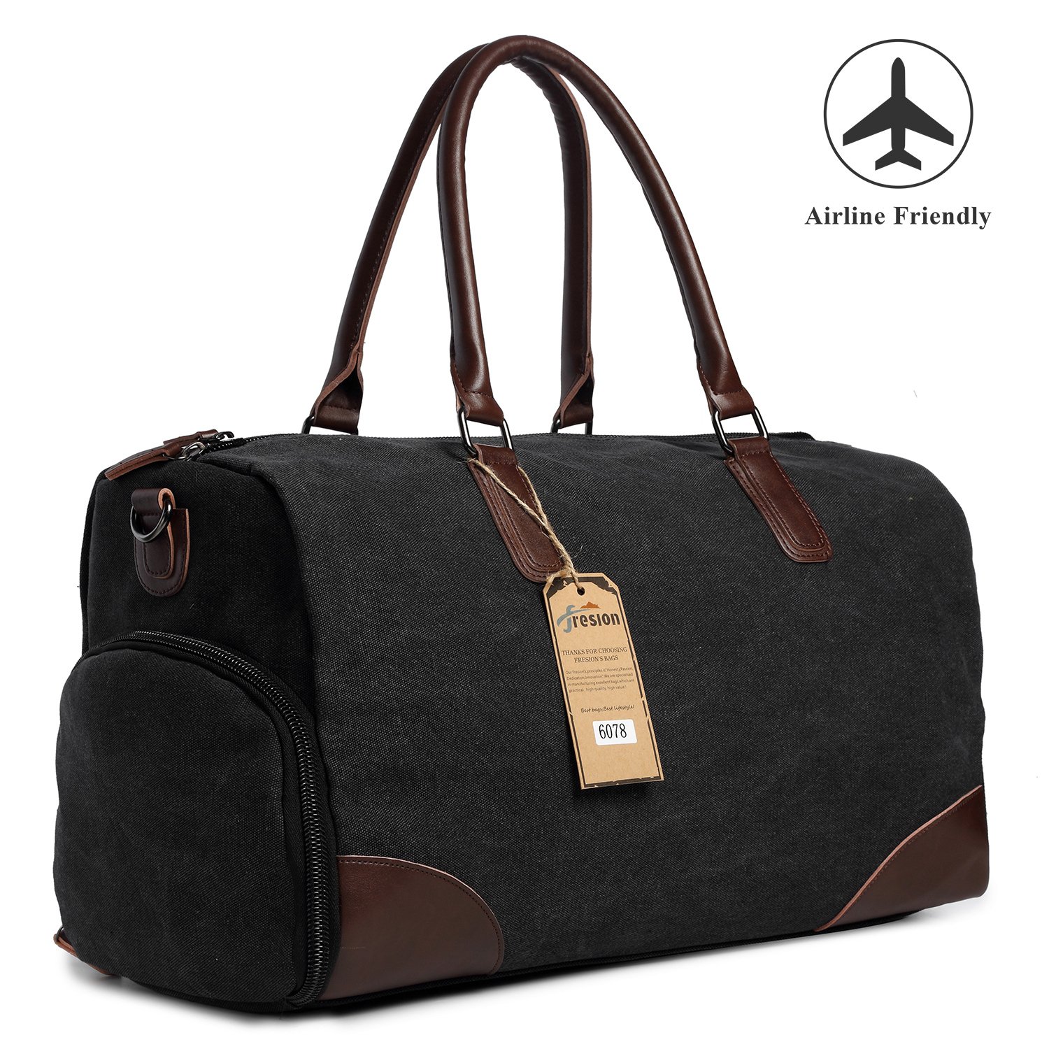 Fresion Canvas Leather Carry on Bag Weekender Overnight Holdall Tote Bag with Metal Buckle for Men with Shoe Pouch(Black)