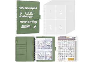 AKONEGE 100 Envelopes Savings Challenges Book Money Saving Binder for Budgeting, A5 Budget Planner Book with Cash Envelopes, Easy and Fun Savings Binder to Save $5,050, 500, 10,000, Olive Green