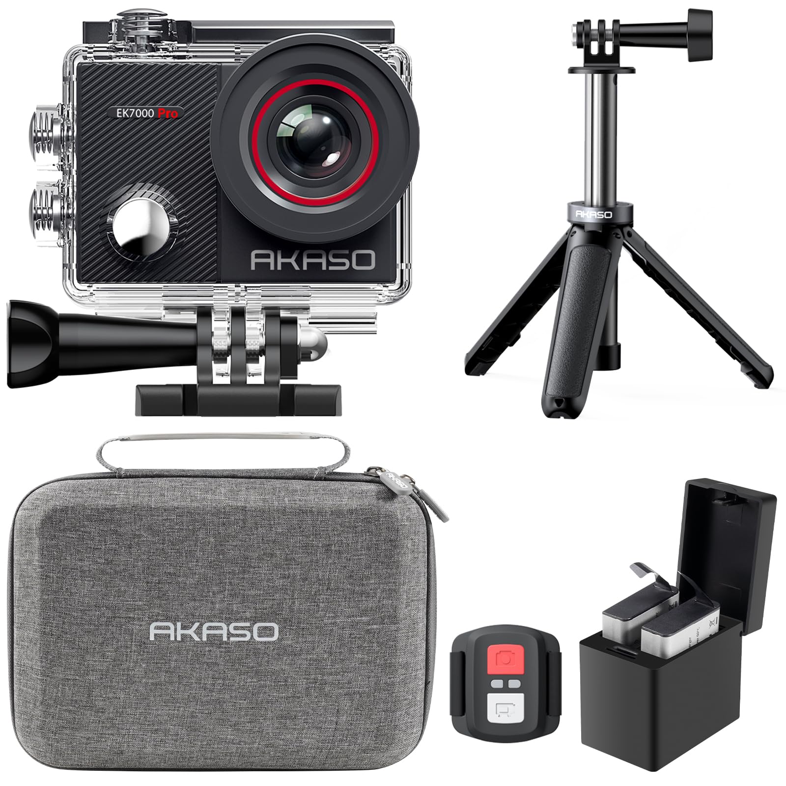 AKASO EK7000 Pro 4K30fps 20MP Action Camera EIS Ultra HD 131FT Waterproof Underwater Camera with Mini Selfie Stick Tripod and Carrying Case Helmet Accessories Kit Bundle
