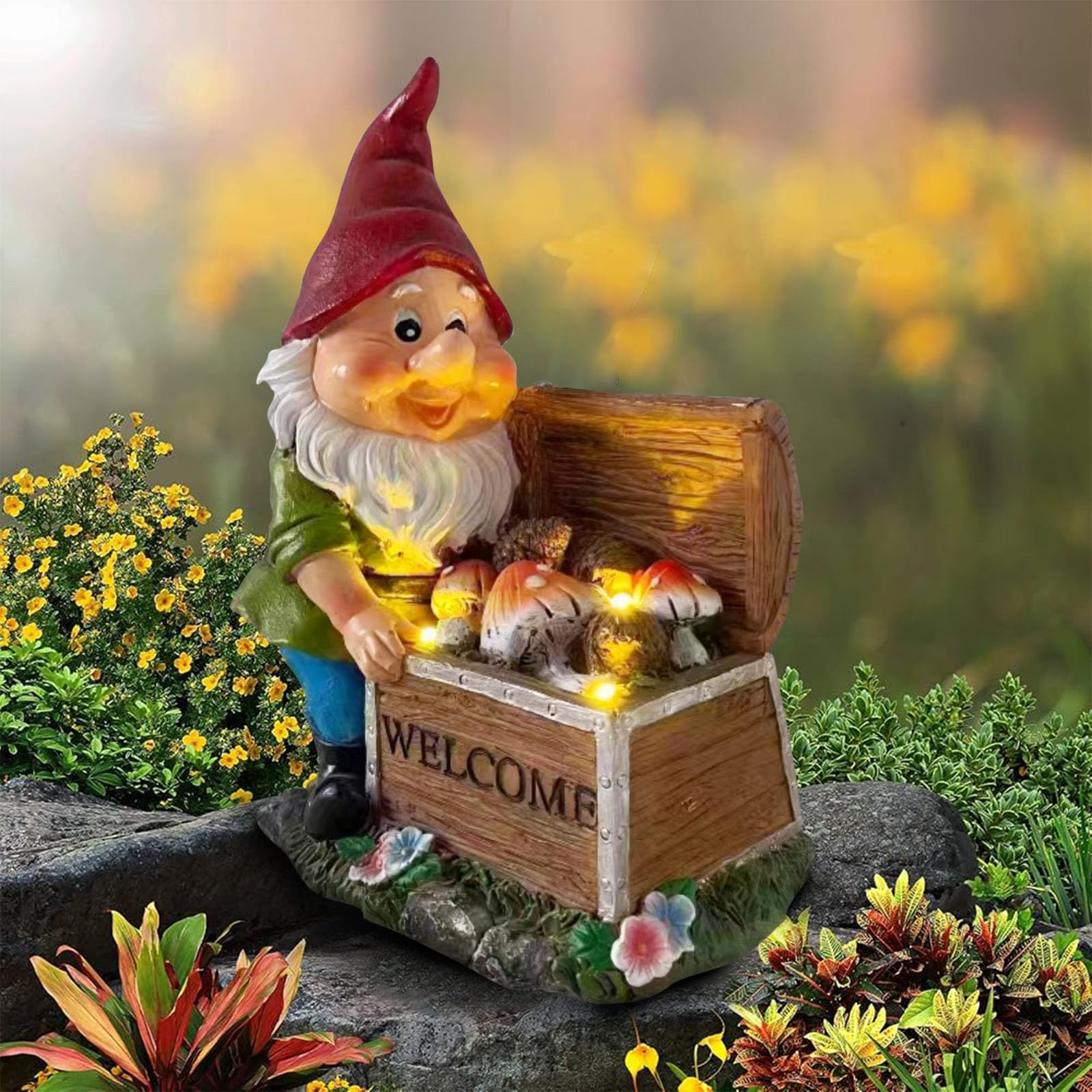 ZOKBOM Gnome Garden Statue, Outdoor Garden Gnomes Ornaments with 3 Solar Mushroom Lights, Solar Lights Waterproof Resin Gnomes Garden Figurine for Patio Yard Lawn Housewarming Festival Gifts