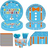 145PCS Cartoon Teacher Party Supplies English Teacher Themed Happy Birthday Party Decorations for Kids Chlid Includ Orange Blue Paper Plates Napkins Cups Tableware Set with Tablecloth Serve 24 Guests