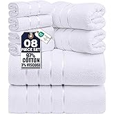 Utopia Towels 8 Piece Luxury Towel Set, 2 Bath, 2 Hand, and 4 Wash Cloths, 600 GSM Ring Spun Cotton, Highly Absorbent Viscose Stripe Towels, Ideal for Everyday use, White