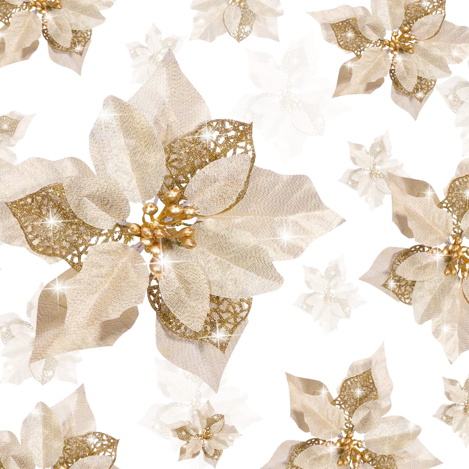 Geosar 72 Pieces 3/4/6 Inches Christmas Artificial Glitter Poinsettia Flowers Ornaments Xmas Flowers Wedding for Christmas Tree Ornaments(Gold)