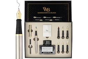 Wordsworth & Black Calligraphy Pen Gift Set, Includes Bottle, 6 Cartridges, Refill Converter, 6 Replacement Nibs, Premium Package, Journaling, Smooth Writing Pens [Silver Gold]