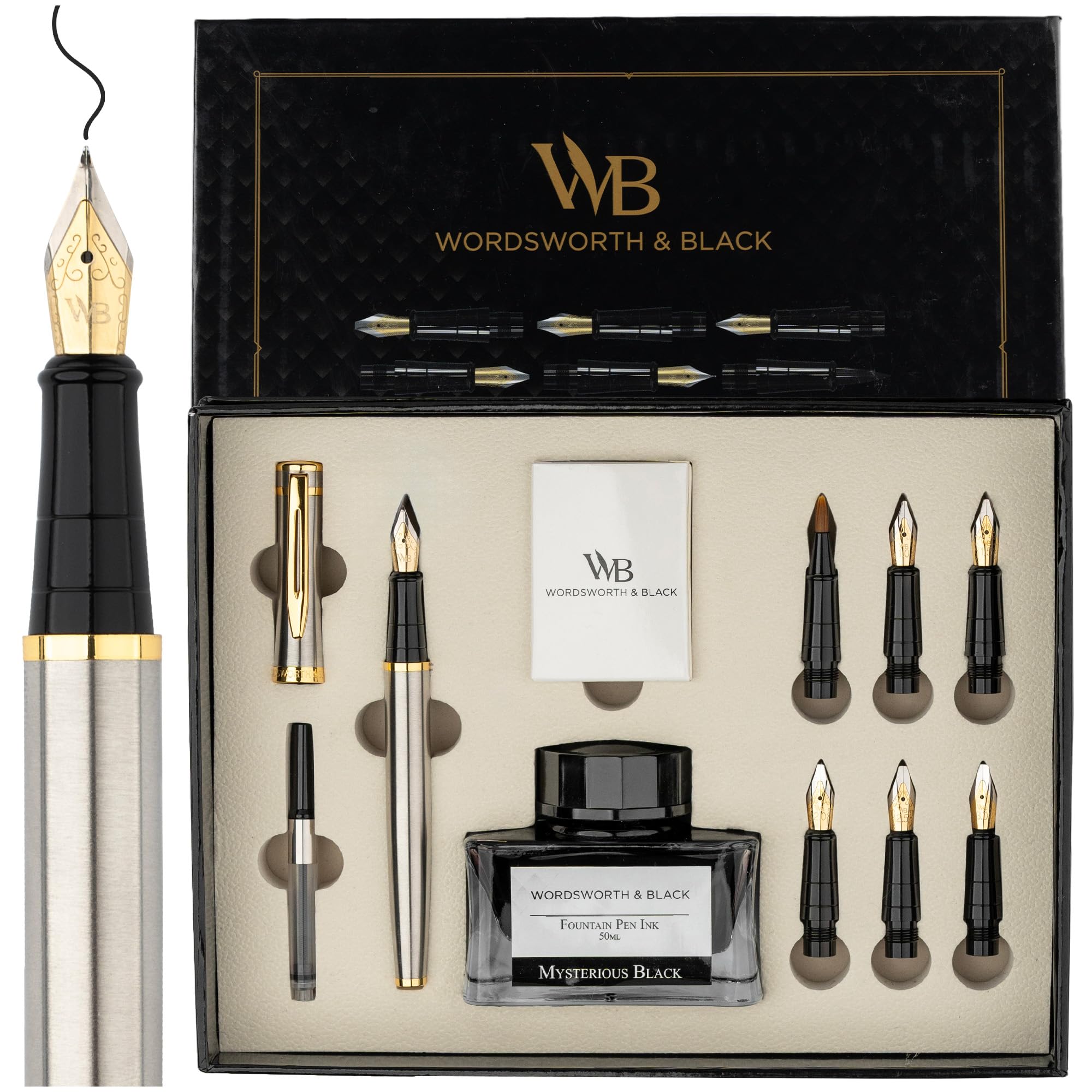 Wordsworth & Black Calligraphy Pen Gift Set, Includes Ink Bottle, 6 Ink Cartridges, Ink Refill Converter, 6 Replacement Nibs, Premium Package, Journaling, Smooth Writing Pens [Silver Gold]