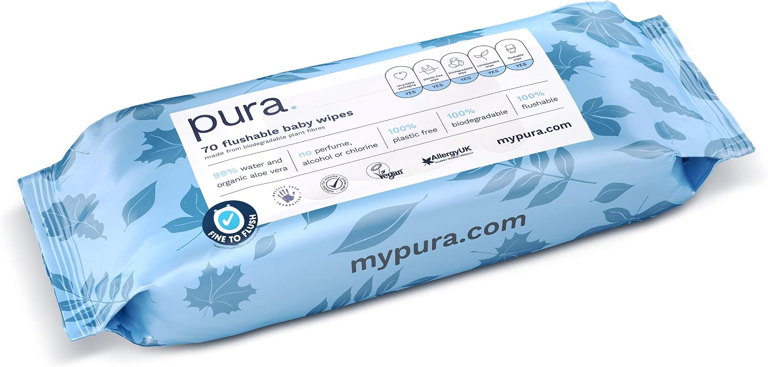 Pura Flushable Baby Wipes 12 x 60 per pack, (720 Water Based Wet Wipes) 100% Plastic Free, 99% Water - Image 4
