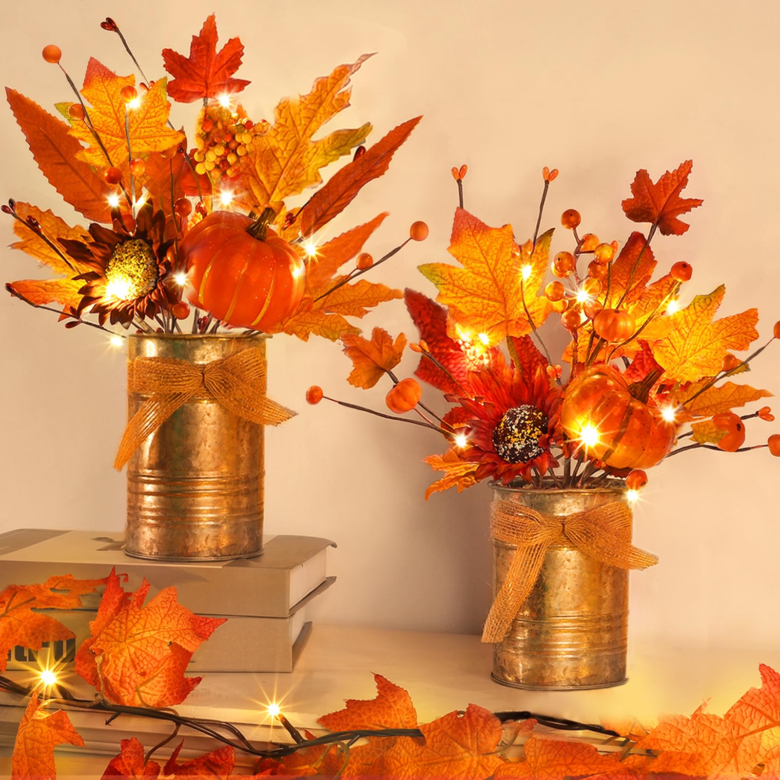 Photo 1 of [2-Style&Light Timer] 2 Pack 13 Inch Fall Decor Fall Centerpieces for Tables with 20LED Lights Maple Arrangement Pumpkin Sunflower in Metal Pot Fall Decorations for Home Kitchen Thanksgiving Autumn