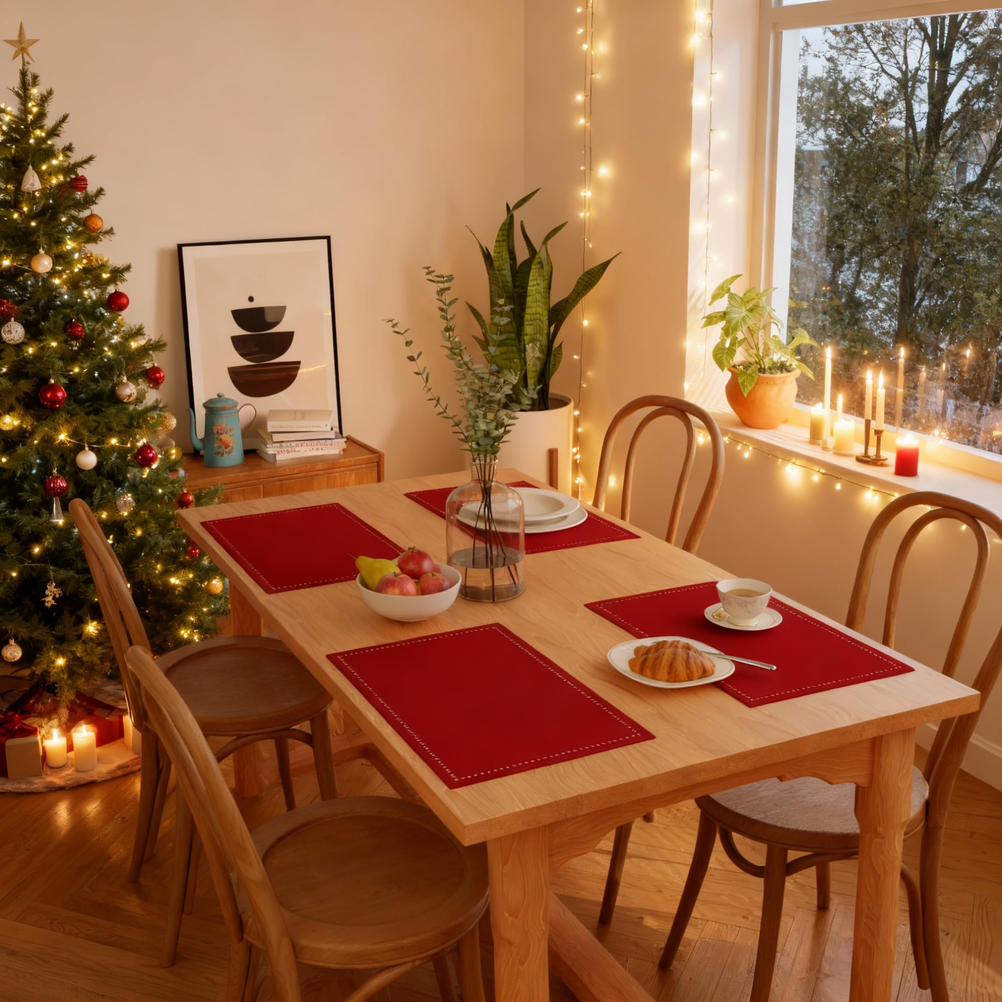 Encasa XO Placemats Set of 4 | Pure Cotton Hemstitched Design | Red | Rectangular 48x32 cm - Dining Table Mat | Machine Washable