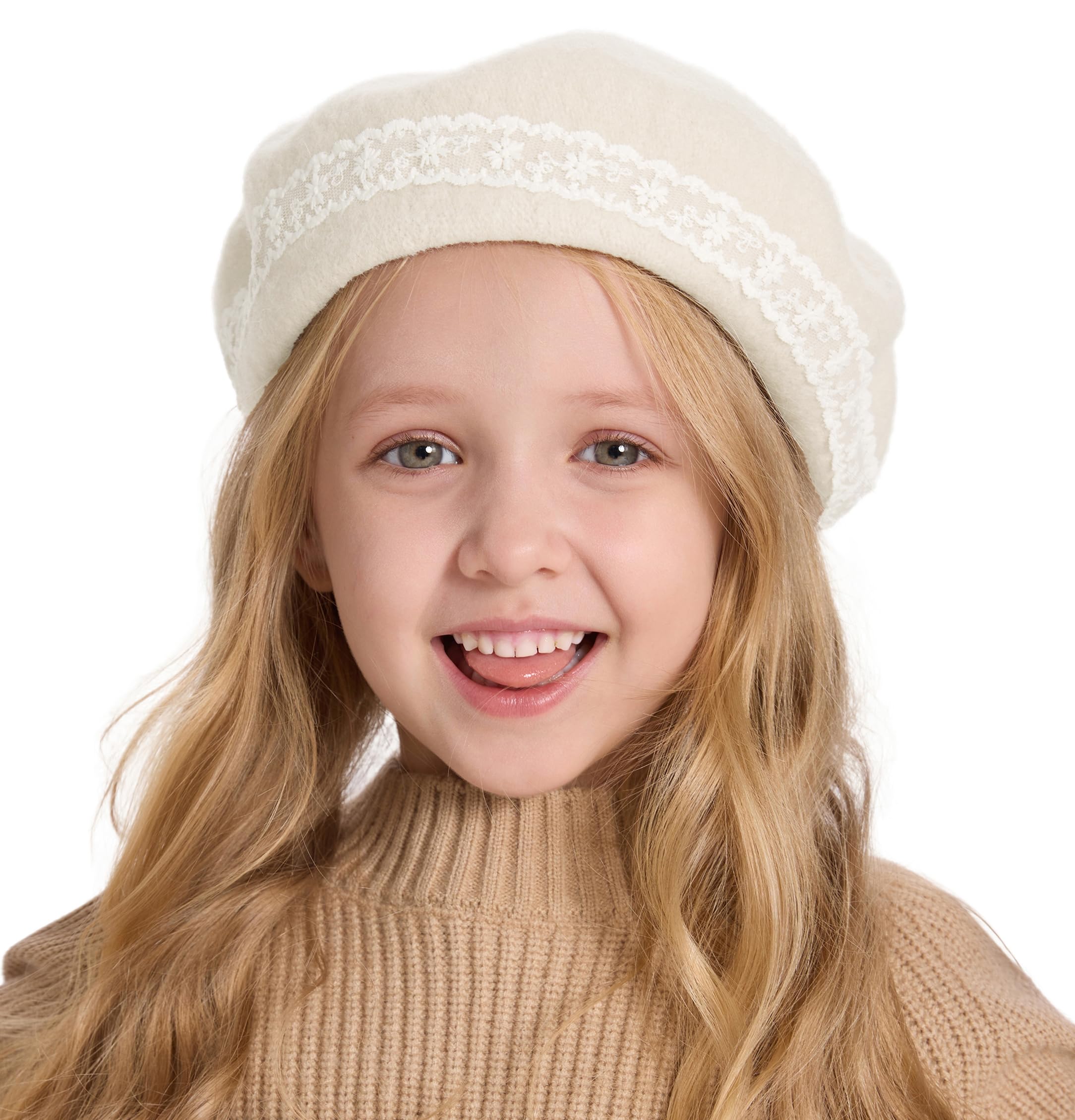 ZLYC Classic Wool Beret for Girls and Boys, Modern French Artist, White lace, One Size