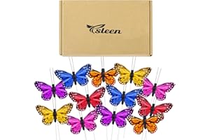 Ysleen 12 Set Monarch Butterfly Crafts Decoration Feather Butterflies Picks for Arrangements Garland Spring Floral Flower Stick Wire Artificial Fake DIY Art Crafts Supplies(4 x 3 Inch,Vibrant Color)