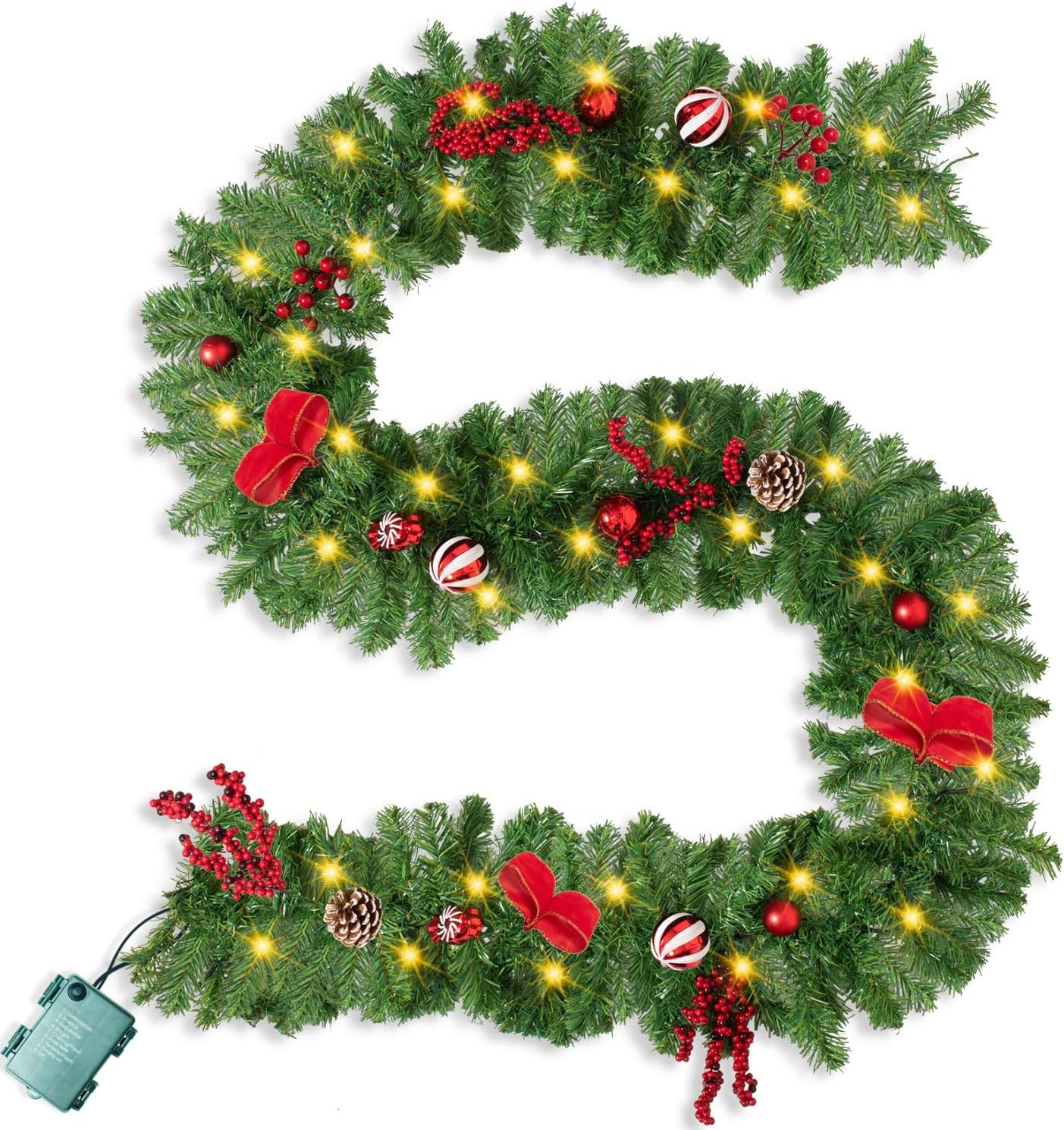 Wreaths, Garlands & Swags - Rocinha 9 Foot Lighted Christmas Garland, Outdoor Christmas Garland with Pine Cones, Red Berries and LED Light for Fireplace, Mantle and Stair Railing