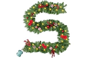 Rocinha 9 Foot Lighted Christmas Garland, Outdoor Christmas Garland with Pine Cones, Red Berries and LED Light for Fireplace, Mantle and Stair Railing