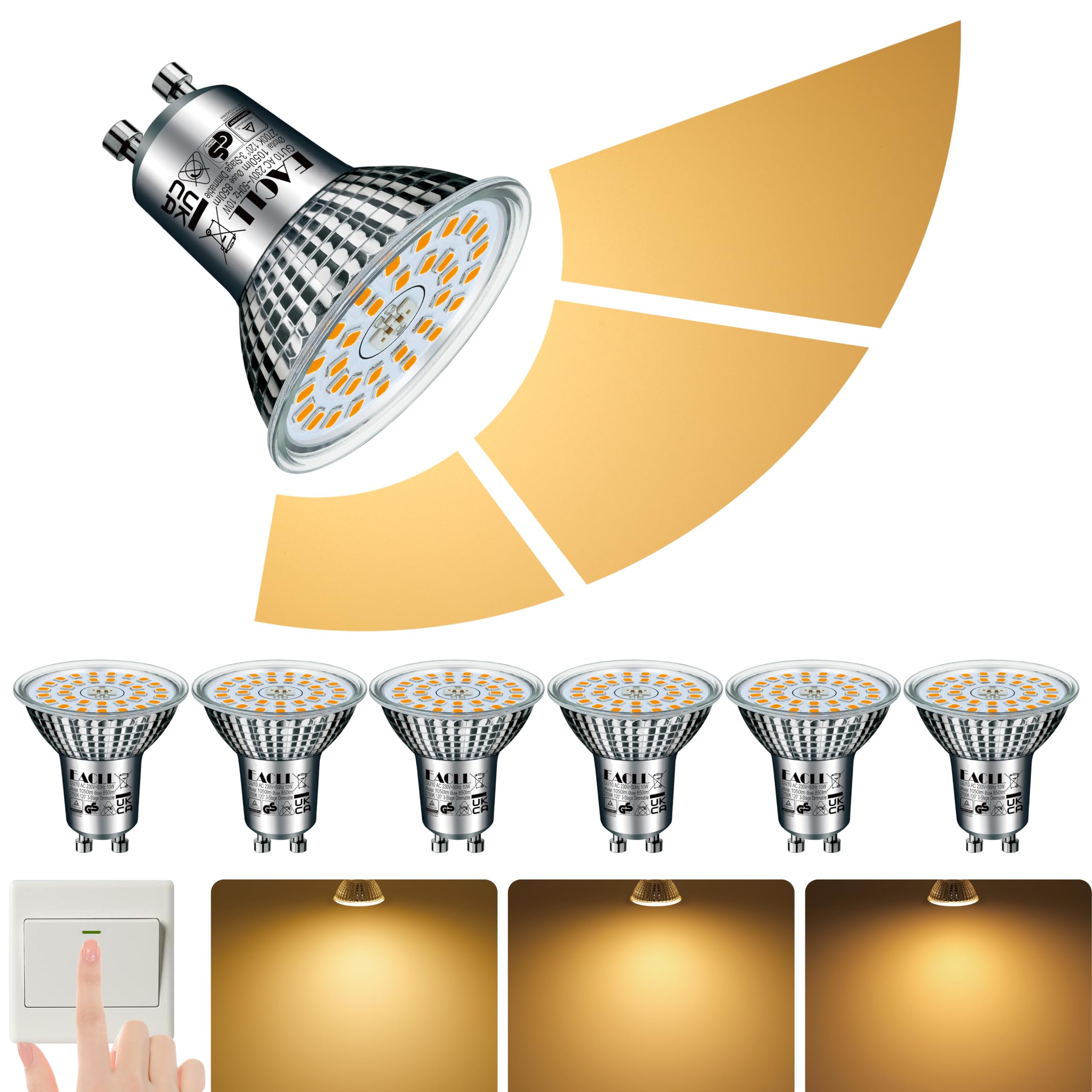 EACLL GU10 LED Warm White 10W 3-Level Dimmable via Light Switch, Pack of 6. 850lm 2700K Replaces 110W, 3-Brightness Levels with Memory Munction, Flicker-Free Reflector lamp, Dimming Without a Dimmer