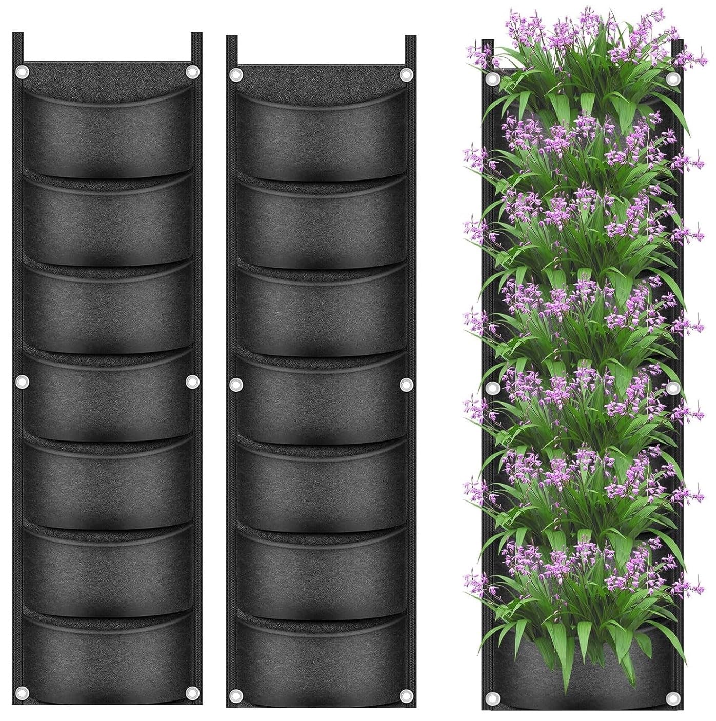 LATERN 2Pcs Hanging Plant Grow Bags, 7 Pocket Wall Hanging Planter Vertical Flowerpot Bag Nonwoven Fabric Breathable Grow Bags for Yard Garden Home Decoration (Black)