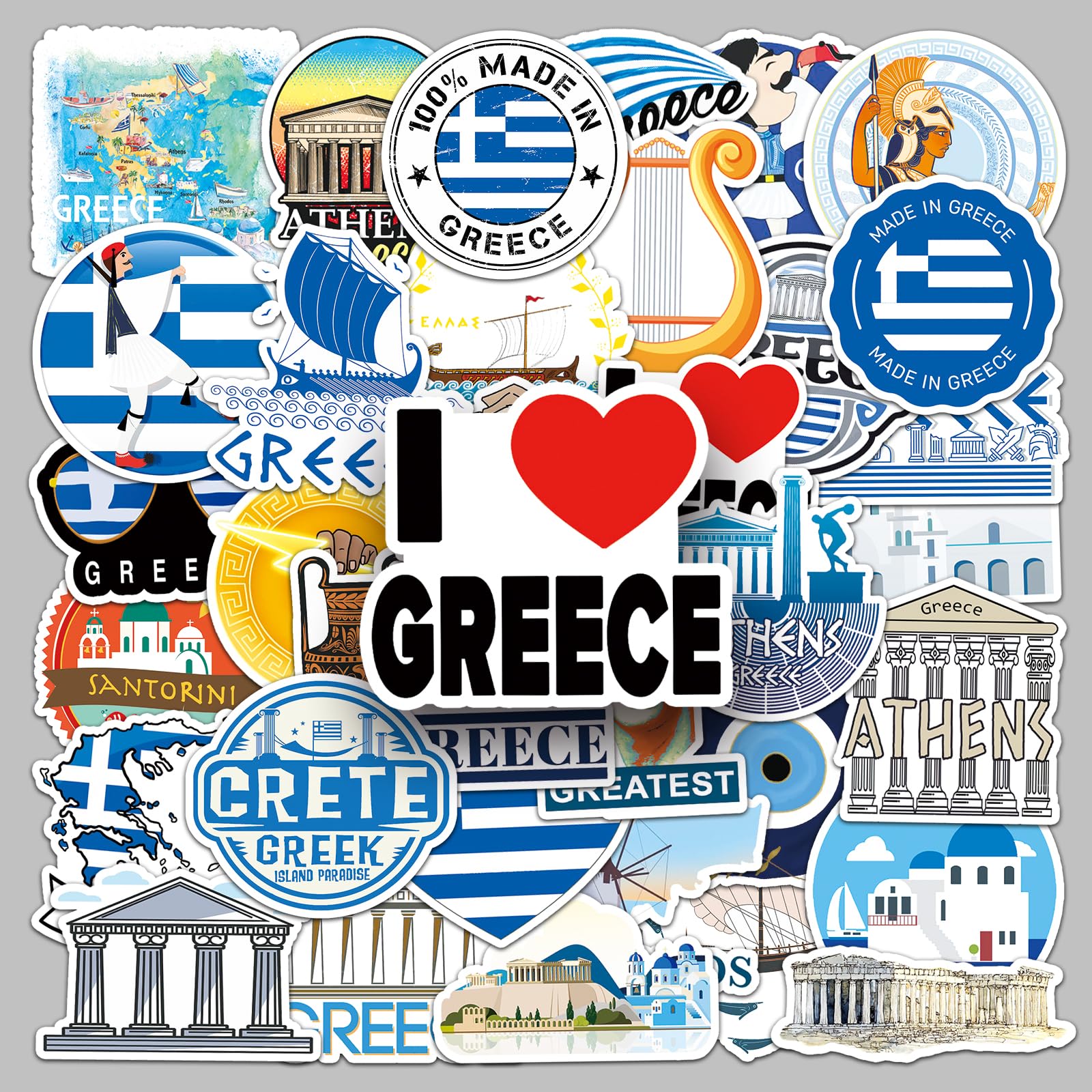 Greece Travel Stickers 50 pcs, Greek Symbols Stickers
