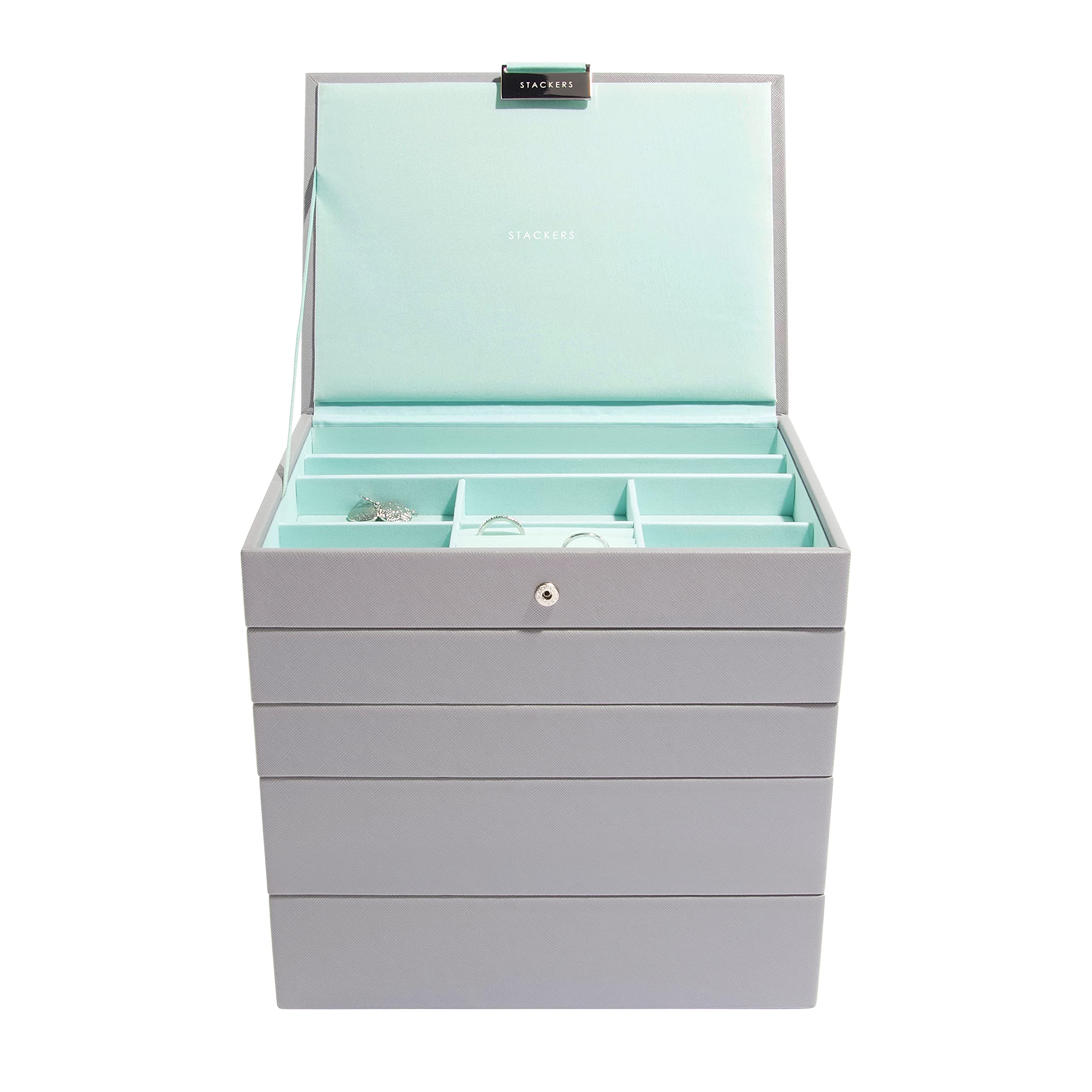 Stackers Dove Grey with Mint Green Classic Medium Jewellery Box, Set of 5