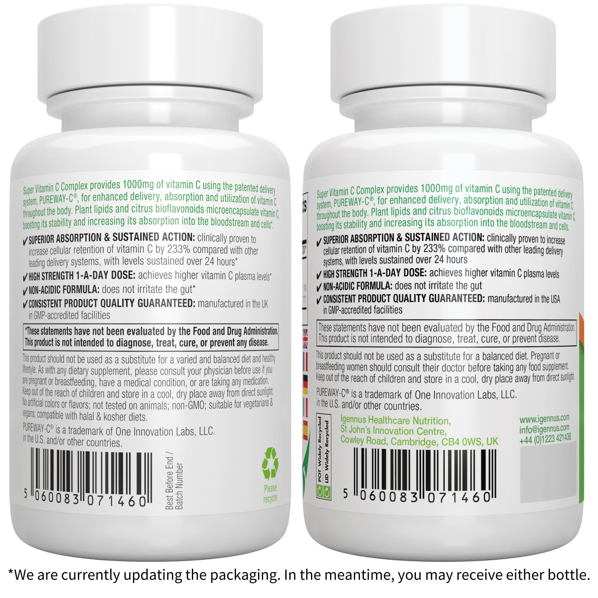 High Absorption Super Vitamin C, Clean Label Pureway-C 1000mg, Vegan Vitamin C with Bioflavonoids, 60 Servings, 24-Hour Action, Immune Health, Energy, Heart & Brain, by Igennus