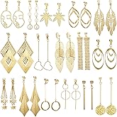 16 Pairs Drop Dangle Earrings Set Bohemian Tassel Pendant Clip Earrings Gold Plated Non-Piercing for Women (Chic Style)