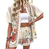 TUREAU Women Boho Tropical Print Beach Cover Up Shorts Set 2 Piece Summer Lounge Outfit Lightweight Swimwear Matching Outfit