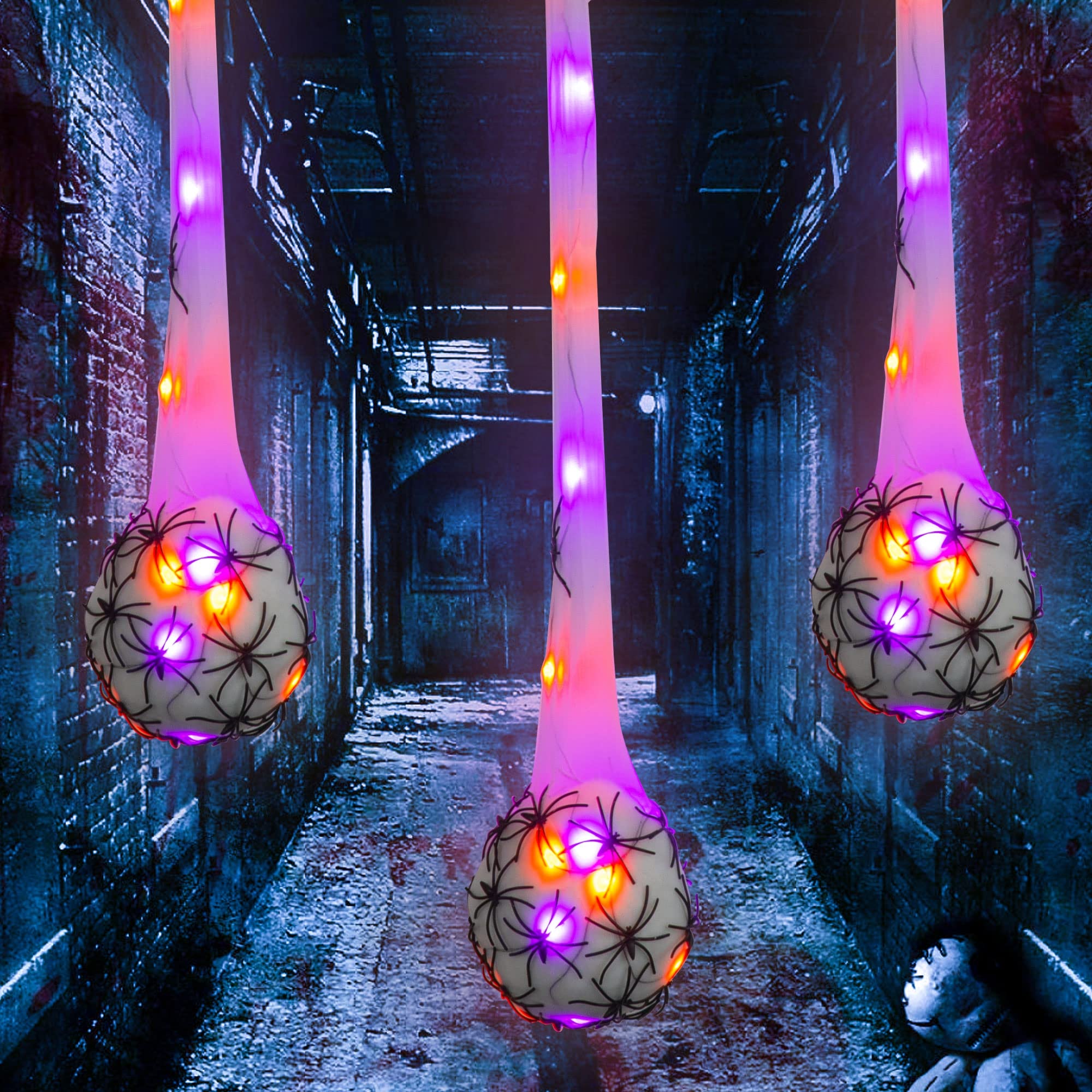 Photo 1 of FUNPENY 3.2FT Halloween Decoration Hanging Light Up Spider Egg Sacs 3 Packs, Gift for Halloween Party Favors Games, Sacks Props for Halloween, Birthday Indoor Outdoor Decor, Purple & Orange