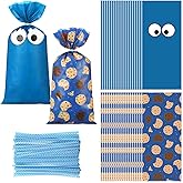 Marspark 100 Pcs Monster Party Supplies Cartoon Monster Goodie Bags with Ties 10.8 x 5 Inch Blue Cookies Gift Cellophane Sacks Birthday Party Candy Snack Bags for Girl Boy Baby Shower Decorations
