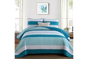 DINJOY Teal and White Striped King Size Quilt Set,Boho King Quilt Bedding Set Lightweight Blue Summer Bedspreads Micofiber 3 Pieces Farmhouse Quilts Bohemian Patchwork Coverlet Bed Sets for All Season