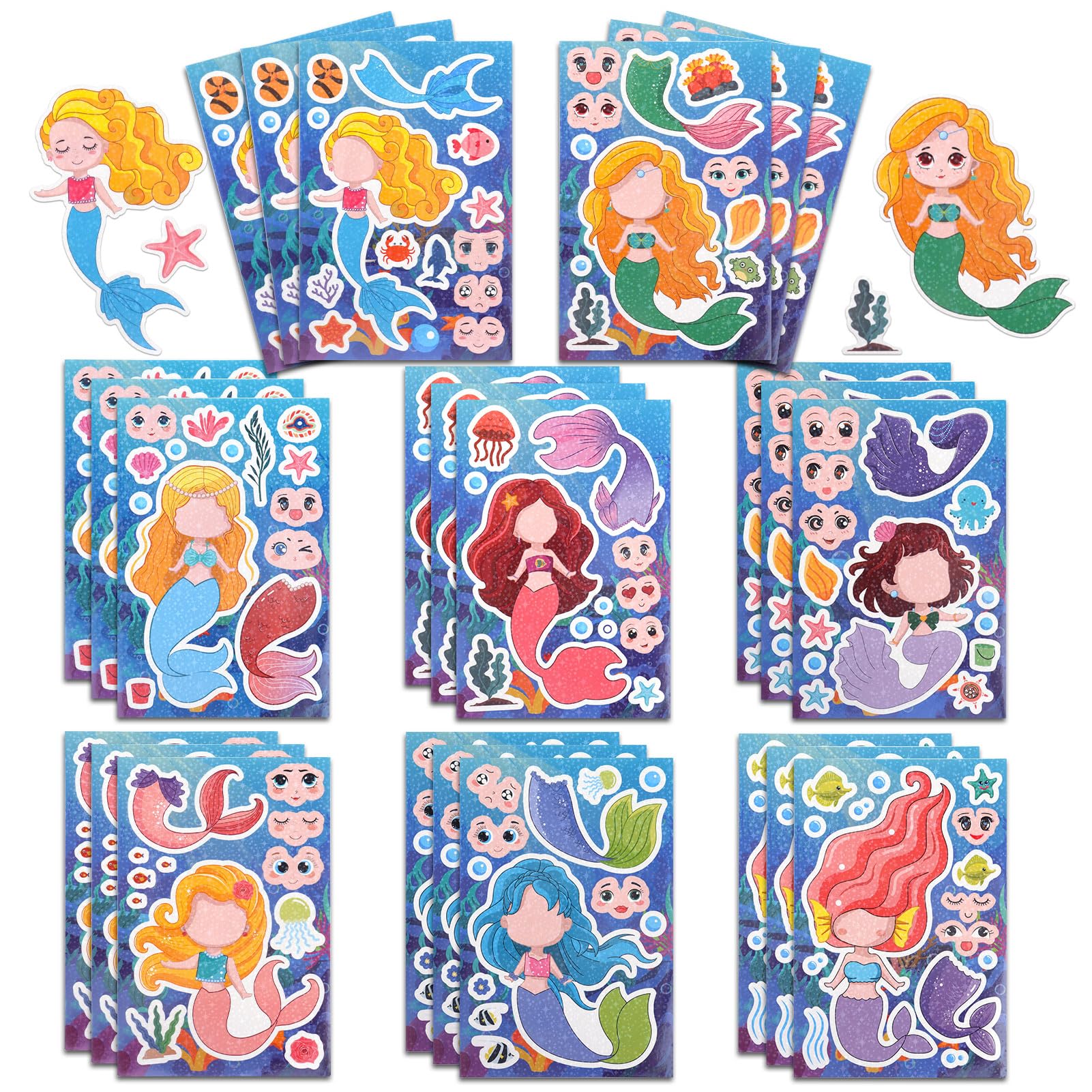 24 Sheets DIY Mermaid Make a Face Stickers, Make Your Own Face Stickers for Kids for Birthday Party Bag Filler Favors, Classroom Rewards