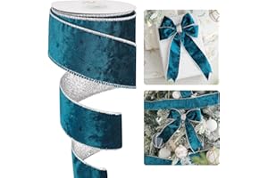 HUIHUANG Turquoise Velvet Wired Ribbon 2.5 inch Blue Velvet Ribbon with Silver Glitter Christmas Ribbon for Gift Wrapping, Christmas Tree Decoration, Bows, Wreaths, Garlands- Continuous 10 Yards