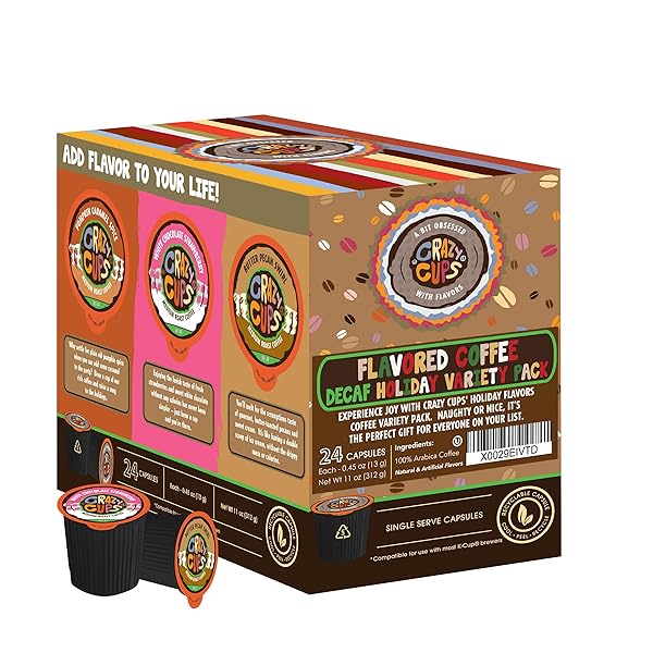 CRAZY CUPS FLAVORED DECAF COFFEE VARIETY PACK, HOT OR ICED COFFEE FOR KEURIG K CUPS MACHINES, DECAF VARIETY PACK COFFEE IN RECYCLABLE PODS, 24 COUNT (PACK OF 1)