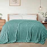 Exclusivo Mezcla King Size Flannel Fleece Blanket, Super Soft Striped Jacquard Bed Blanket, Lightweight Fuzzy Cozy for All Seasons, 90x104 Inches, Celadon