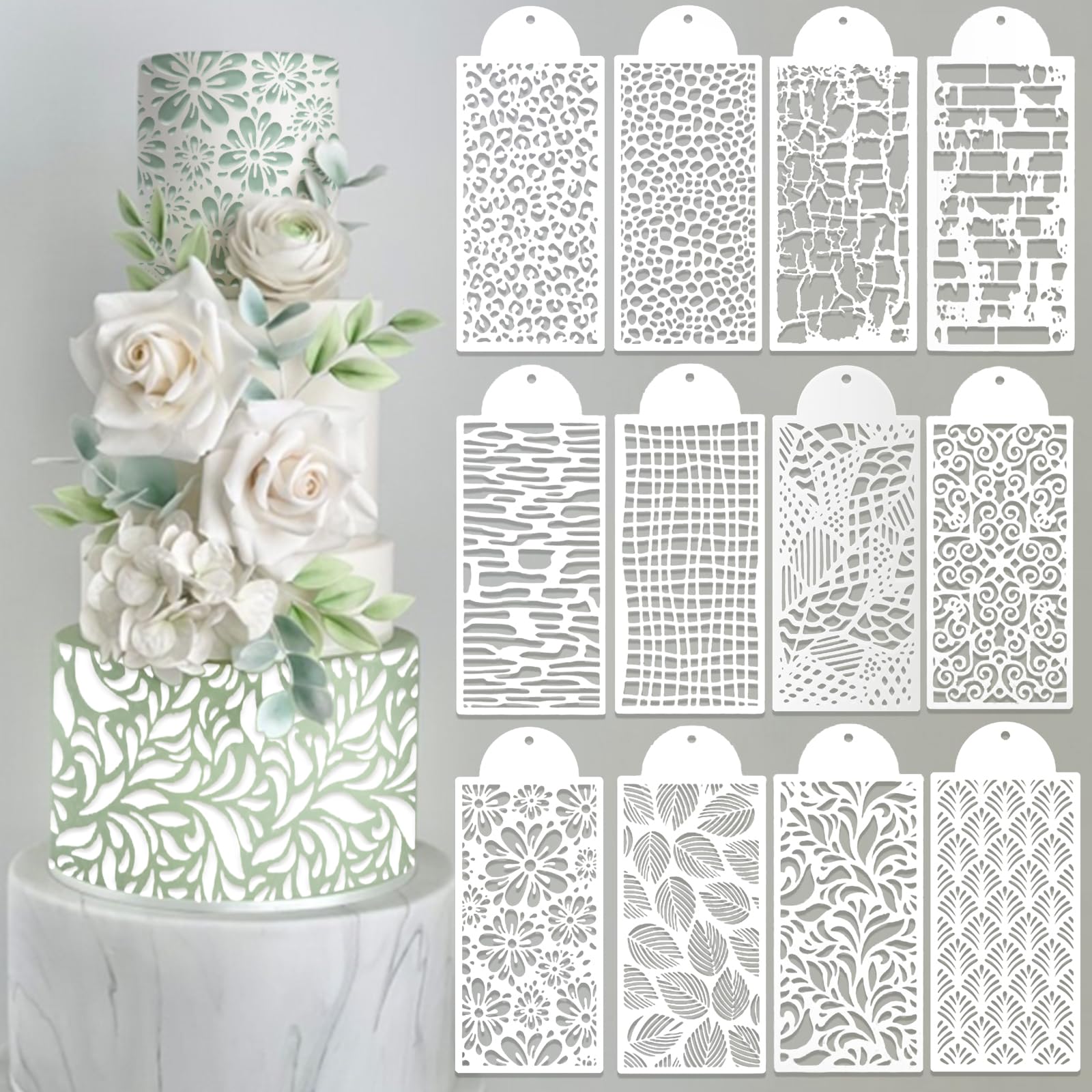 Photo 1 of 12 Pcs Cake Stencils Cake Templates Set Floral Leaf Leopard Print Lace Irregular Geometry Wedding Icing Stencils Cake Molds Cookie Dessert Buttercream Decorating Baking Supplies Mesh Printing for Cake